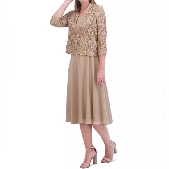 Jessica Howard Women's Soutache Jacket & Jewel-Neck Midi Dress Toffee Sz 6 - Picture 3 of 13